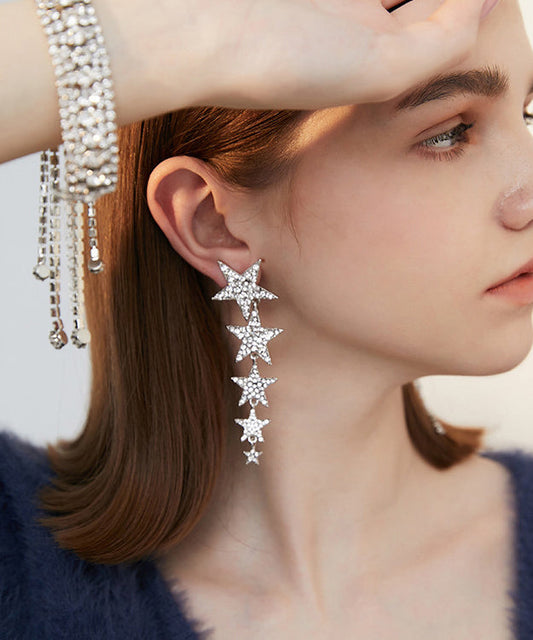 New Silk Asymmetric Zircon Pearl Tassels Silver Plated Drop Earrings