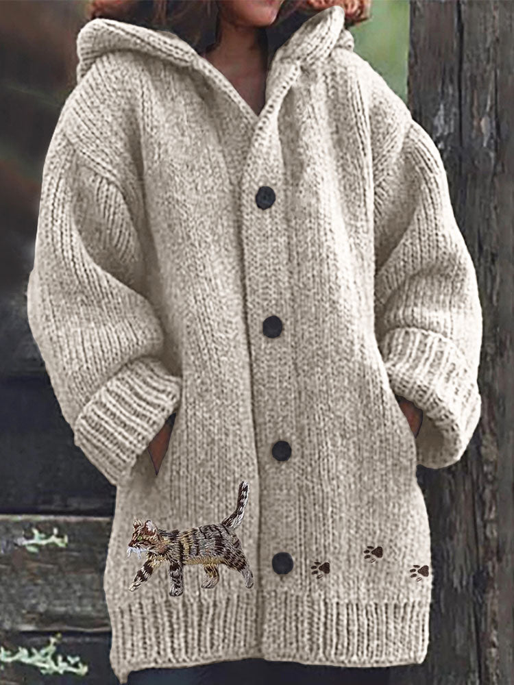 Cat & Paw Prints Embroidered Cozy Knit Hooded Cardigan elevenforest