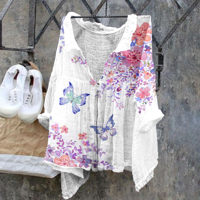 Comstylish Butterfly Retro Cotton Linen Casual Floral Print Cotton Linen  Shirt