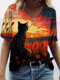 Cat in Poppy Field Painting V Neck T Shirt elevenforest