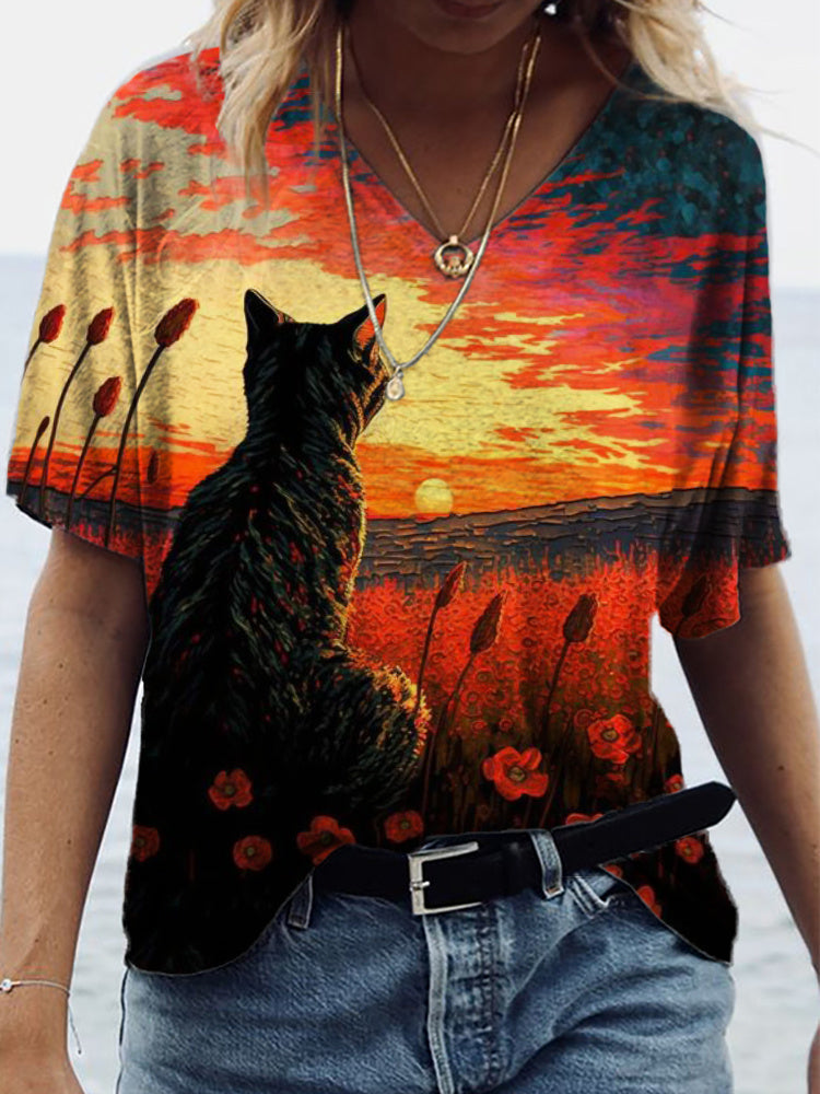 Cat in Poppy Field Painting V Neck T Shirt elevenforest
