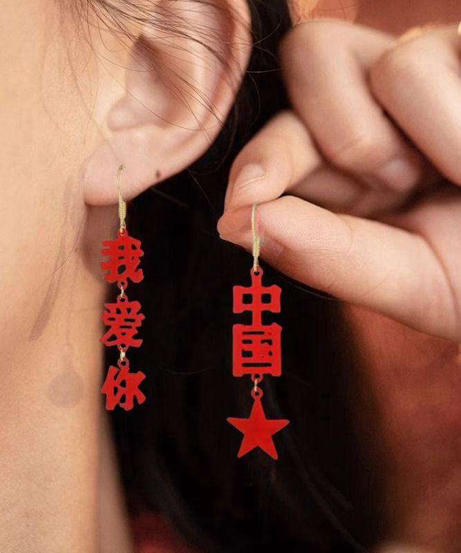 Red Copper Alloy I Love You China Hollow Out Drop Earrings