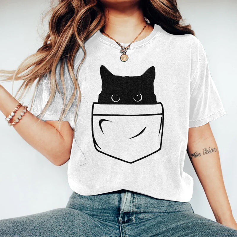 Comstylish Abstract Creative Pocket Black Cat Art Print T-shirt