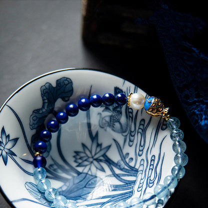 Buddha Stones Natural Aquamarine Lazurite Lapis Lazuli Fish Healing Bracelet