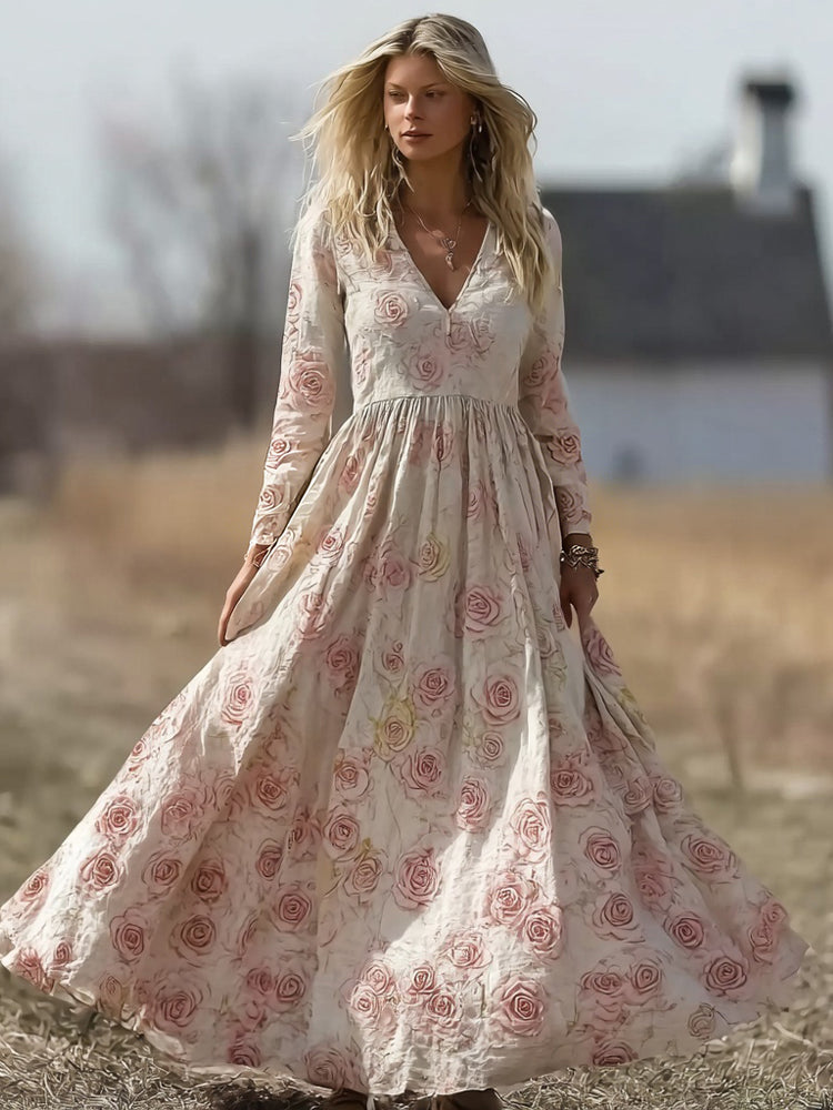 Vintage Boho Roses Pattern Comfy Linen Maxi Dress elevenforest