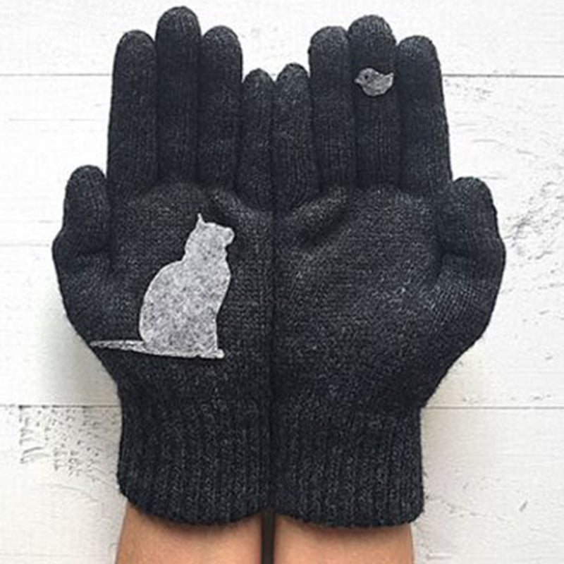 Warm Cat Bird Print Wool Knitted Gloves elevenforest