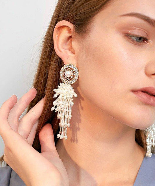 White Hollow Out Pearl Tassels Exaggeration Alloy Drop Earrings