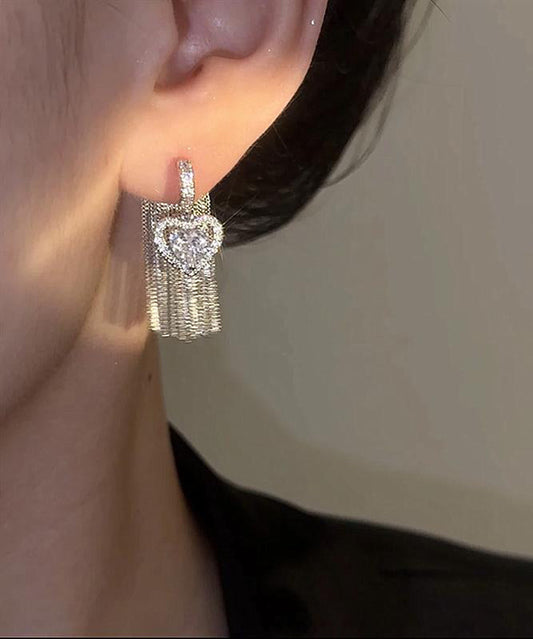 Copper Alloy Zircon Love Tassel Drop Earrings