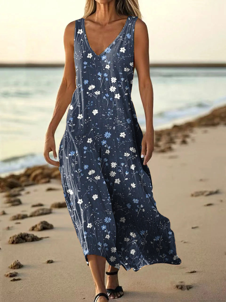 Women's Vintage Floral Art Print Pocket Cotton Dress