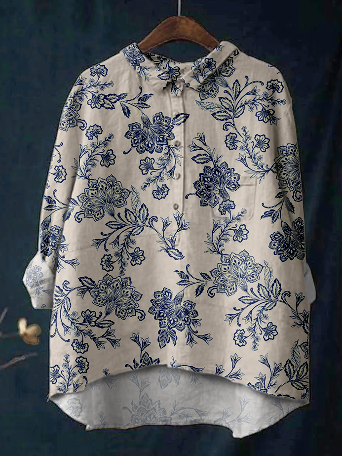 Women's Flower Print Casual Cotton And Linen Shirt