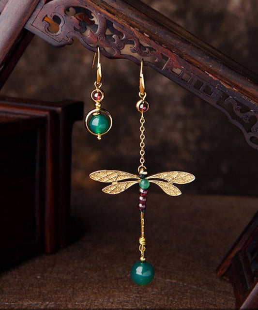 Fine Gold 14k Gold Agate Garnet Dragonfly Asymmetric Drop Earrings
