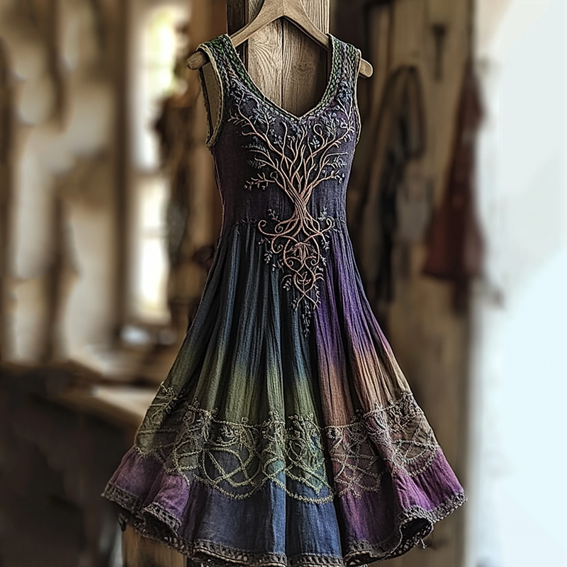 Women's Vintage Viking Tree Of Life Color Gradient Linen Dress artswardrobe