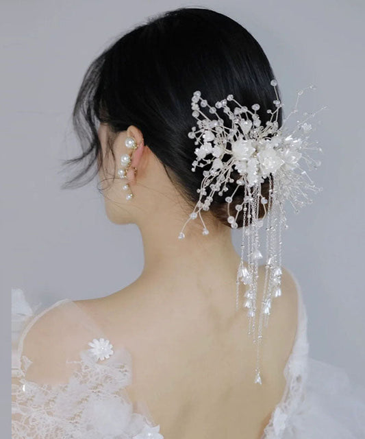 White Plastics Patchwork Silk Inlaid Tassel Hairpin