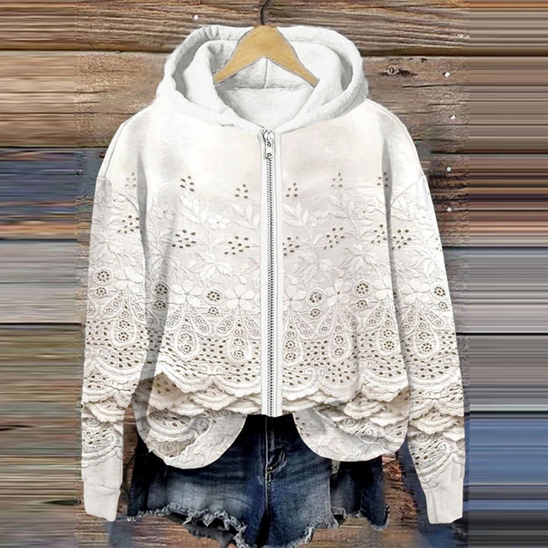 Comstylish Vintage Floral Embroidered Lace Art Full Zip Hoodie