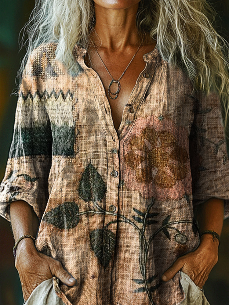 Women's Vintage Bohemian Floral Art Print Casual Cotton Linen Shirt