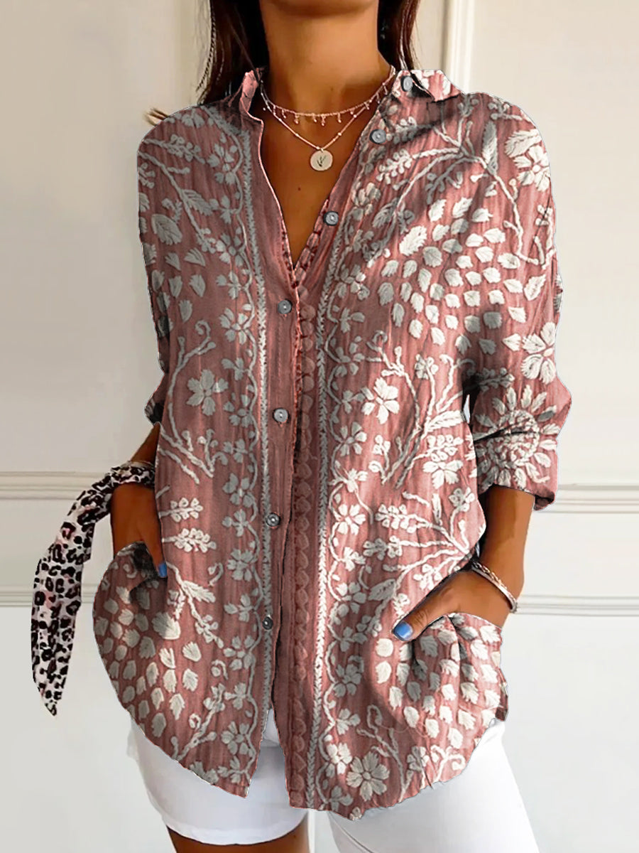 Women's Vintage Ethnic Floral Art Print Casual Cotton Shirt