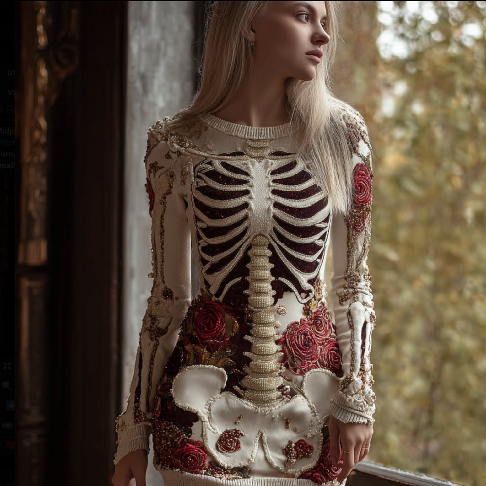 Comstylish Women's Halloween Skeleton Rose White Mini Skirt