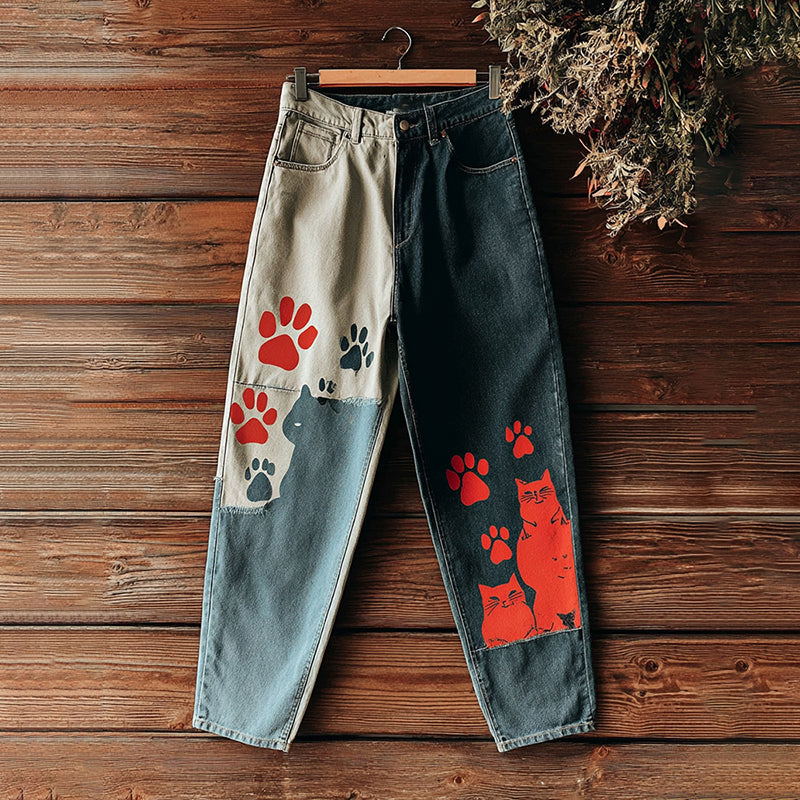 Women's Cute Cat Pattern Contrast Jeans elevenforest