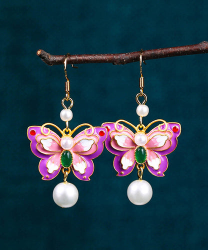 Purple Copper Overgild Acrylic Pearl Butterfly Drop Earrings