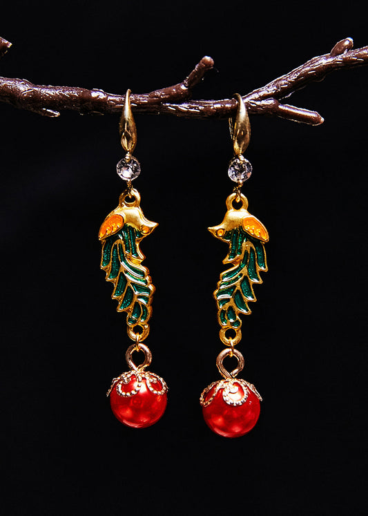 Red Pearl Cloisonne Gilding Drop Earrings