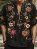 Bohemian Style Three-dimensional Multi-colored Floral Silver Rhinestone Men's V-neck Short-sleeved Shirt artswardrobe