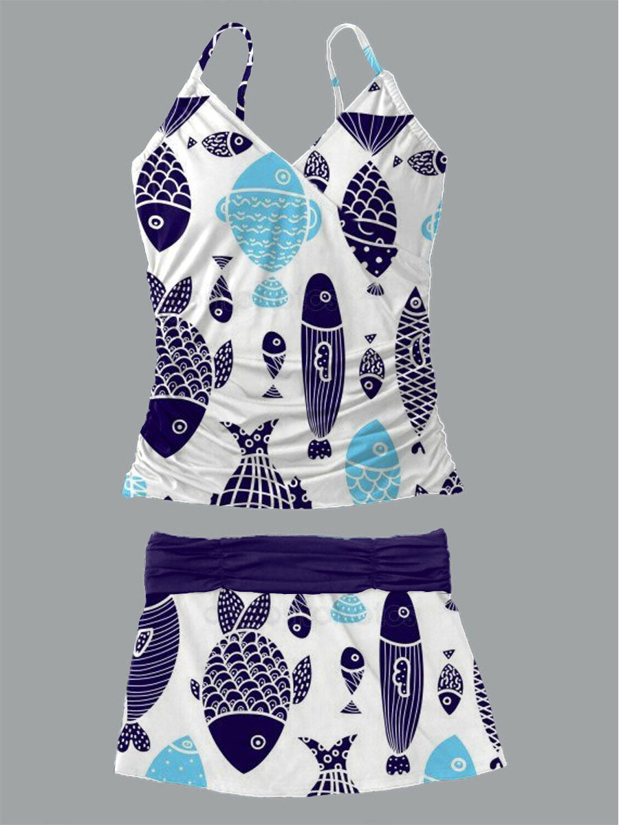 Women's Summer Fish Print Casual Suspender Shirred Swimsuit Set