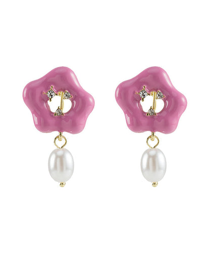 Pink Alloy Pearl Drip Glaze Drop Earrings