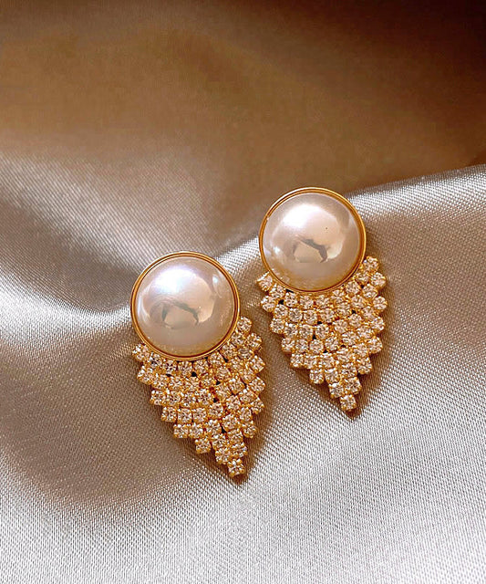Vogue Gold Copper Alloy Zircon Pearl Stud Earrings