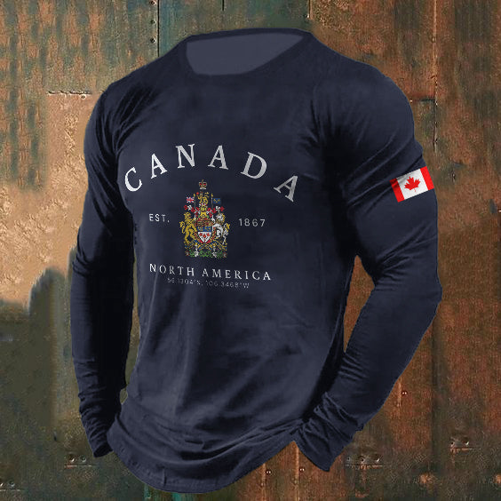 Men's Canada Flag Print Crew Neck Long Sleeve T-shirt elevenforest