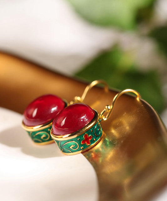 Retro Gold Sterling Silver Overgild Enamel Agate Drop Earrings