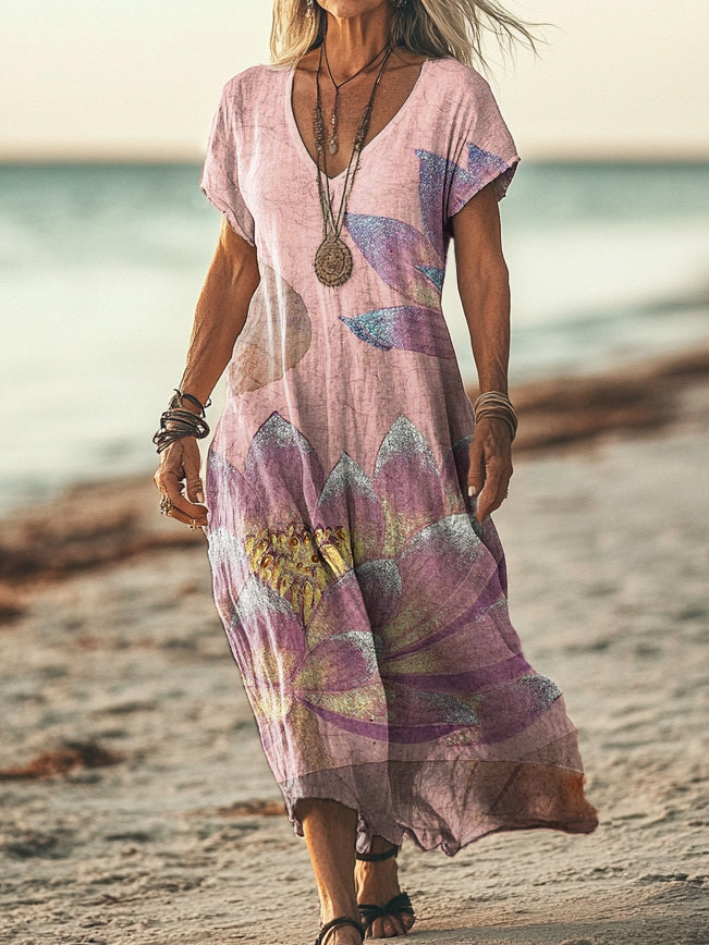 Women's Retro Lotus Print Pocket Cotton Dress