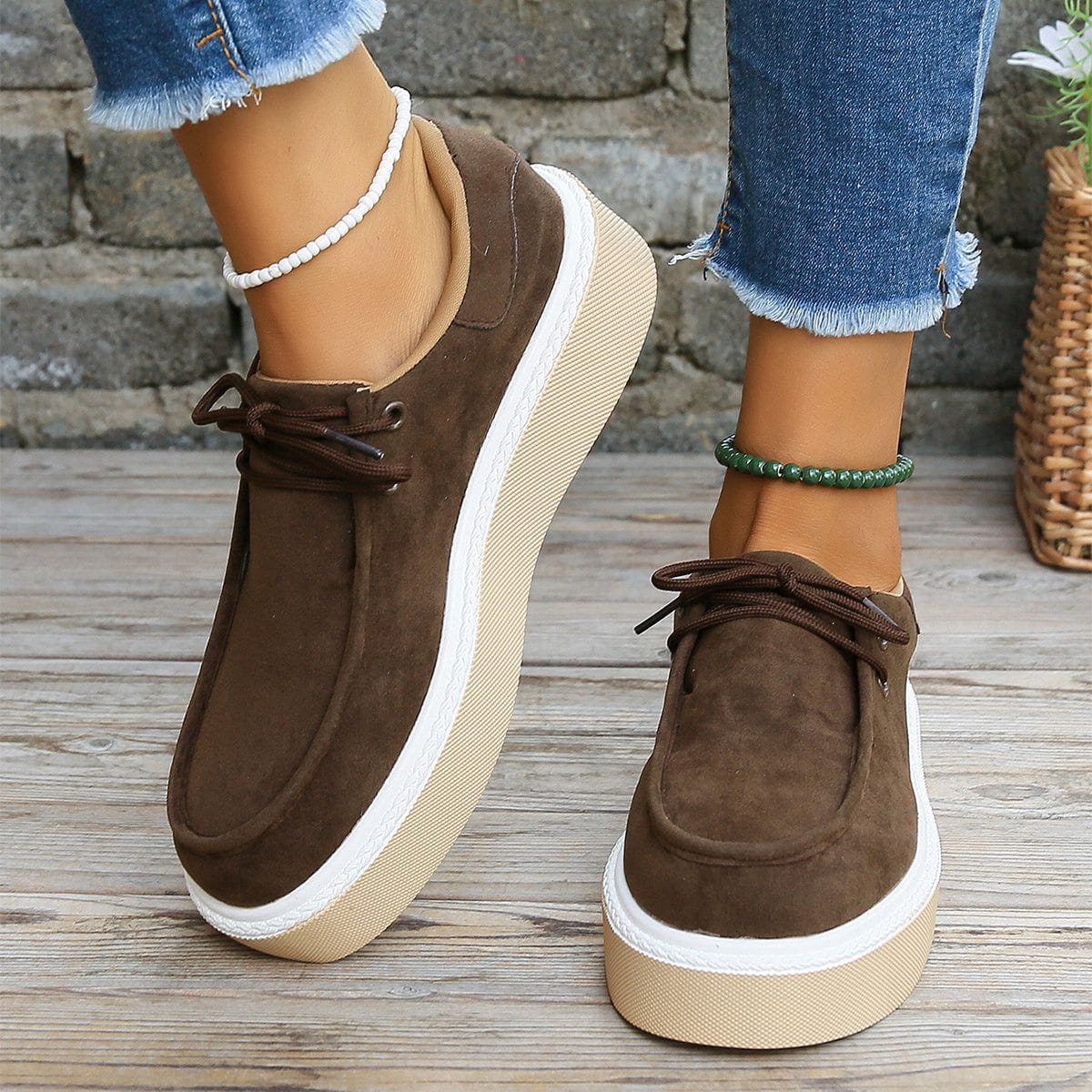 LM | Womens Lace-Up Flats with Thick Sole Sneakers