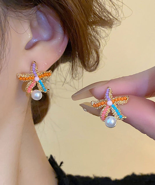 Rainbow Alloy Zircon Pearl Starfish Stud Earrings