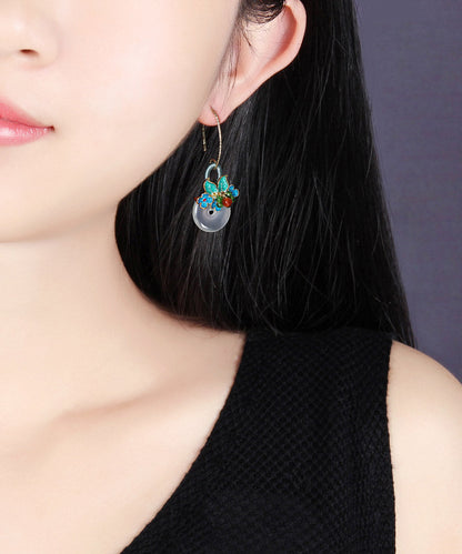 Green Jade Agate Cloisonne Drop Earrings