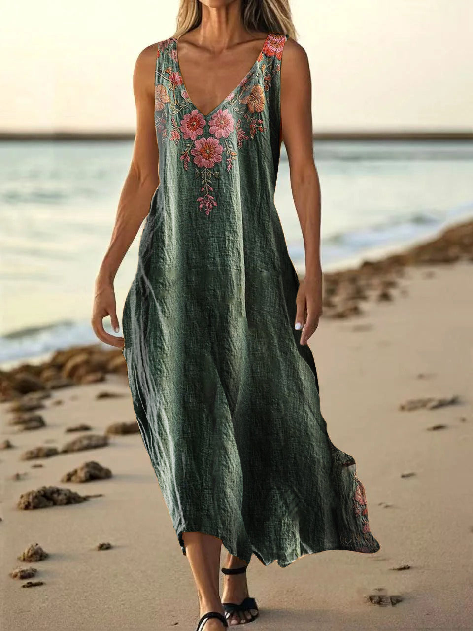 Women's Vintage Floral Pattern Art Print Pocket Cotton Dresses