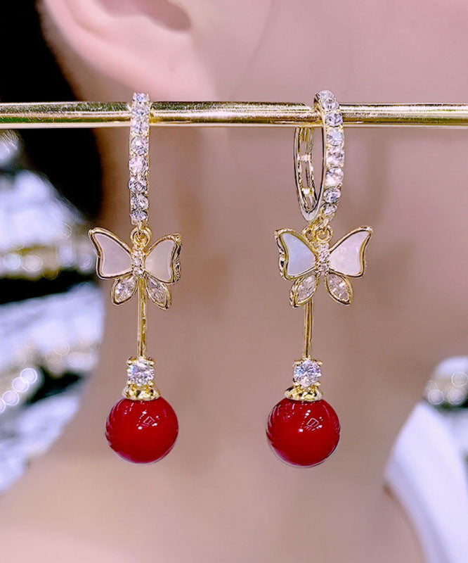 Red Alloy Zircon Pearl Shell Butterfly Drop Earrings