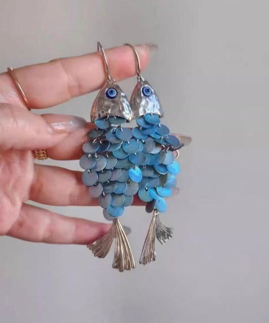 Blue Weave Shell Small Fish Tassel Drop Earrings