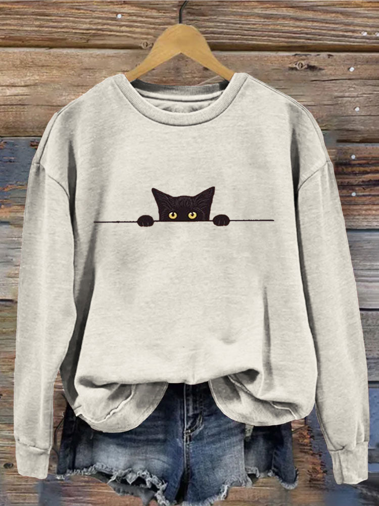 Women's Casual Funny Black Cat Print Sweatshirt elevenforest