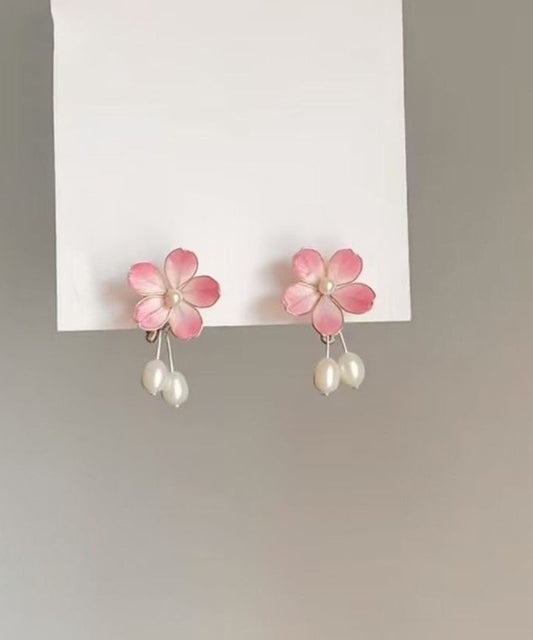 Pink Alloy Pearl Drop Earrings