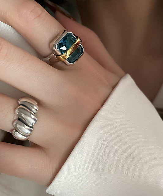 Blue Sterling Silver Square Gem Stone and Wrinkled Two Piece Set Rings