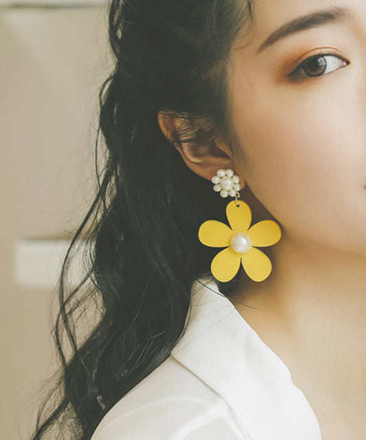 Classy Yellow Daisy Pearl Drop Earrings