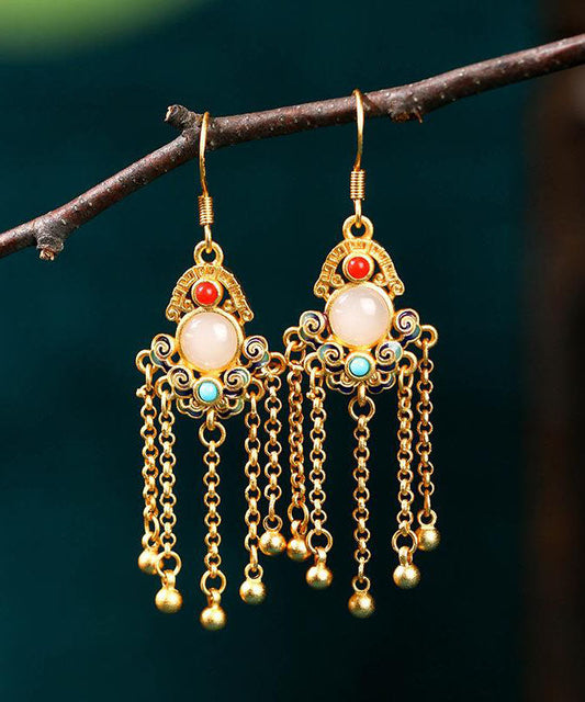 Colorblock Ancient Gold Jade Turquoise Tassel Drop Earrings
