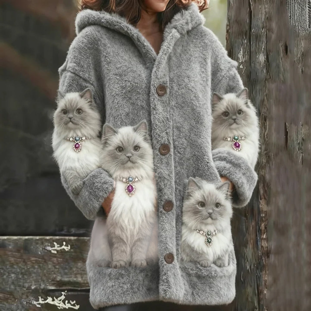 Cat Wearing Pearl Necklace Thick Hooded Cardigan Long Sweater elevenforest