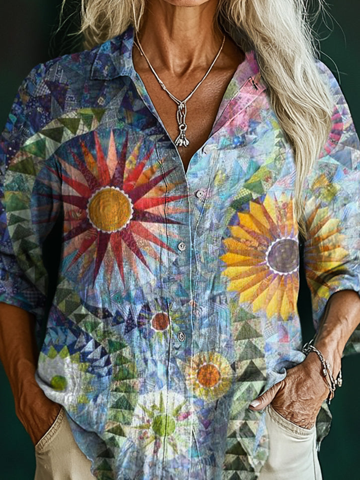 Women's Vintage Bohemian Floral Art Print Casual Cotton Shirt