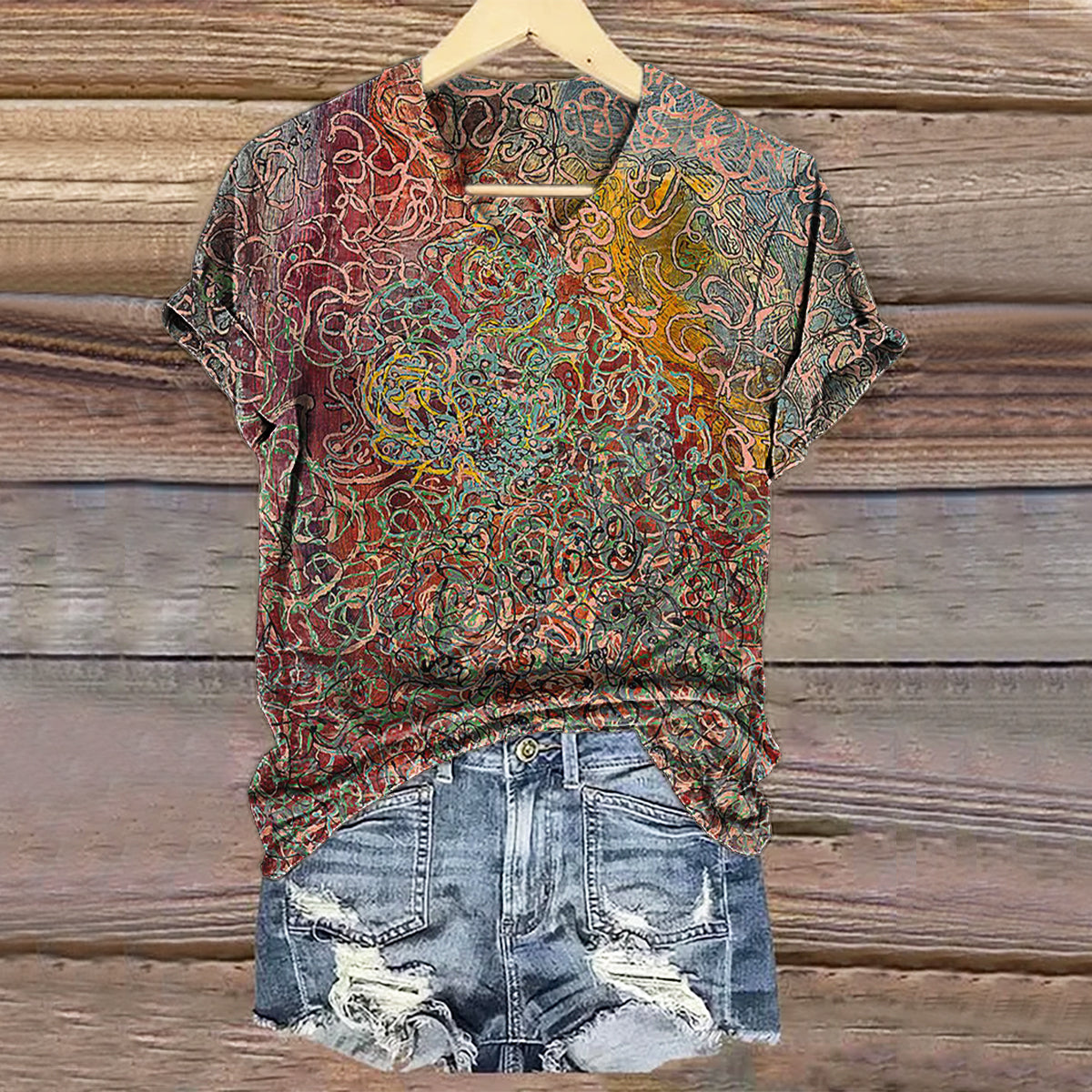 Women's Vintage Art Print V-neck Casual T-Shirt