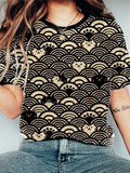 Japanese Art Wave and Cat Print Vintage T-shirt elevenforest