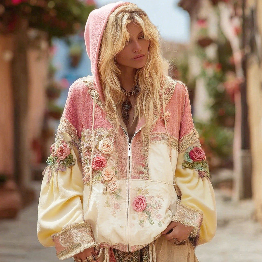 Comstylish Women's Floral Embroidery Color Block Boho Casual Zip-up Hoodie