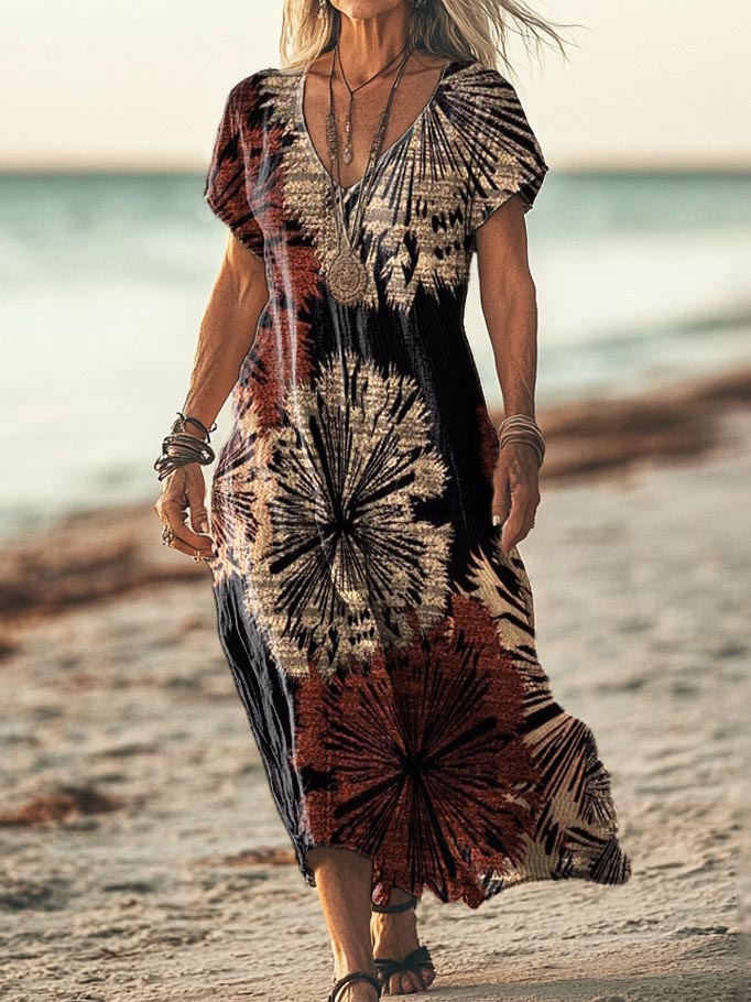 Women's Vintage Ethnic Tie-Dye Art Print Pocket Cotton Dress