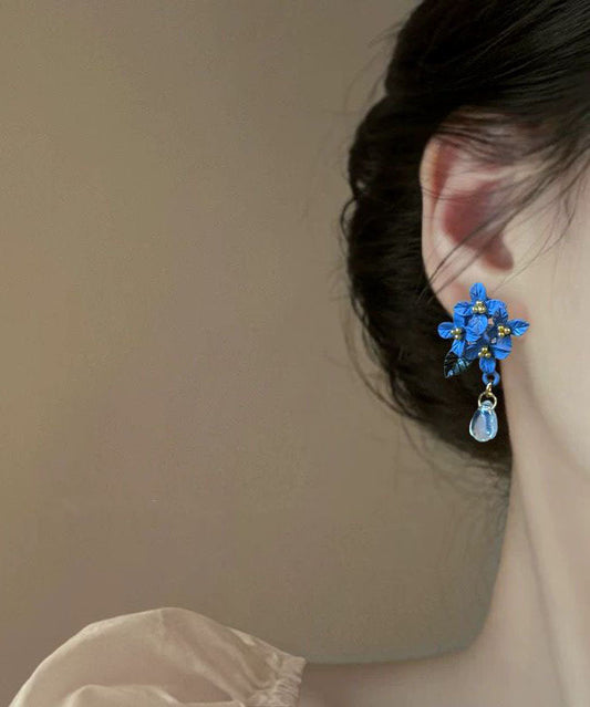 Retro Blue Alloy Acrylic Crystal Water Droplet Drop Earrings