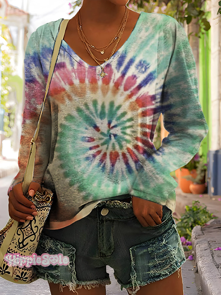 Women's Retro Tie Dye Hippie Print Casual V-neck Long Sleeve T-shirt